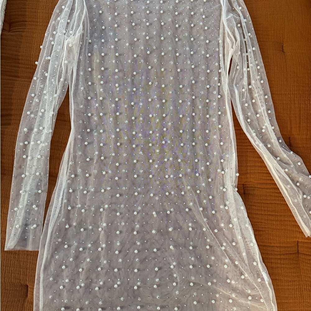 Sheer White Pearl-Studded Dress or Cover-Up